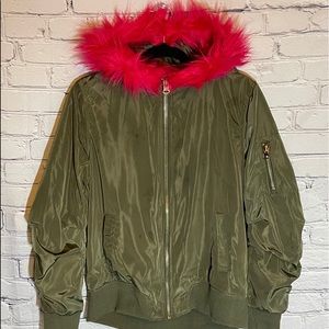 Green Jacket With Pink Fur